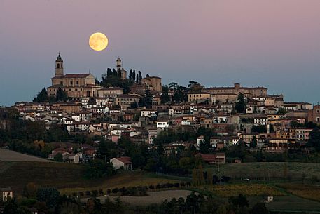 Full moon over Vignale Monferrato village, Monferrato, Piedmont, Italy, Europe