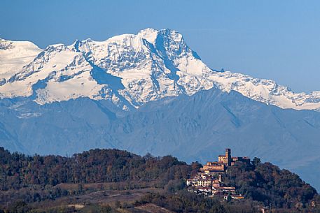 The castle of Camino and the snowy Rosa mount, Monferrato, Piedmont, Italy, Europe