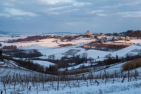 Snowy village of Treville Monferrato, one of the highest point in Monferrato, Piedmont, Italy, Europe