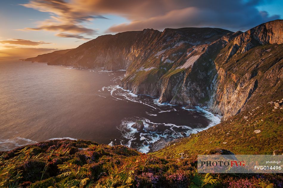 The highest cliffs in Europe, the Slieve League Cliffs, at sunset