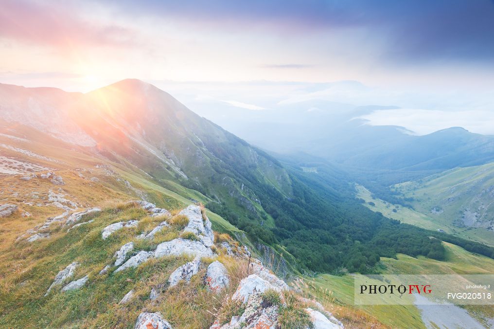 The Chiarino Valley, one of the great valleys of the Gran Sasso Mountains, at sunset. Gran Sasso and Monti della Laga national park, Abruzzo, Italy