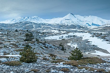 The Gran Sasso mountains and peaks seen from in Campo Imperatore after sunset, Gran Sasso national park