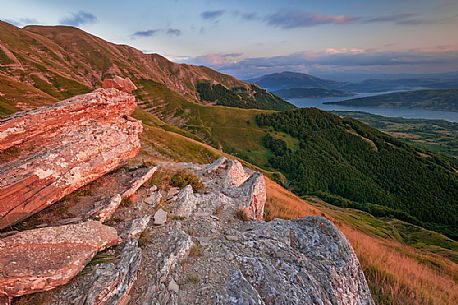 Lake Campotosto at sunset, seen from Monti della Laga