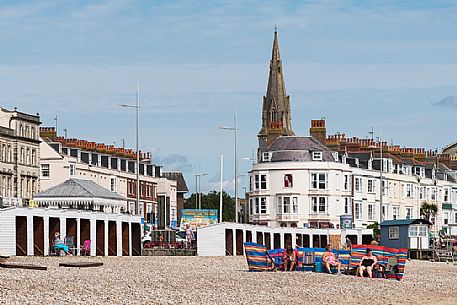 Weymouth Beach is a three mile beach and is just minutes from the town centre and historic harbour, Weymouth, Dorset, England, UK
