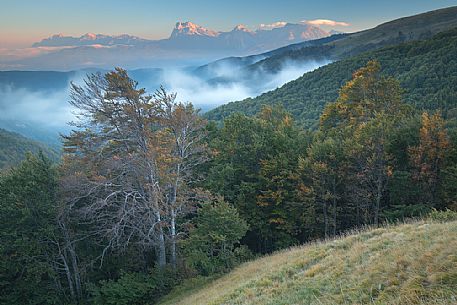 Gran Sasso mountain range seen from the Laga Mountains at sunset, Abruzzo, Italy, Europe