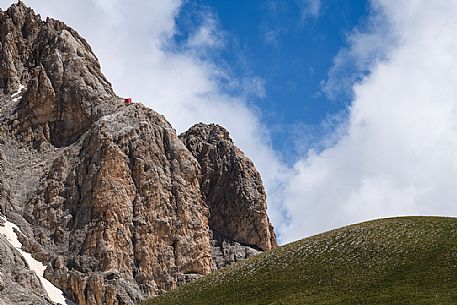 The Bafile bivouac is a small shelter located at the end of a via ferrata on Corno Grande in the Gran Sasso national park, Abruzzo, Italy, Europe
