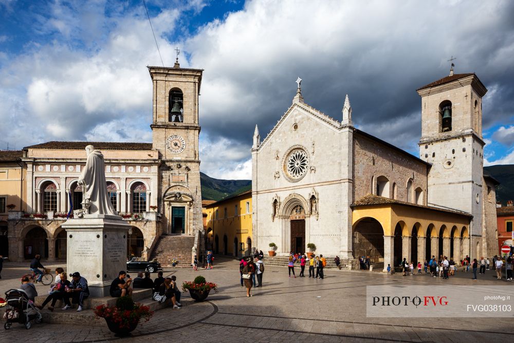 The Basilica of San Benedetto and the Town Hall of Norcia a few months before the earthquake. Umbria, Italy, Europe.