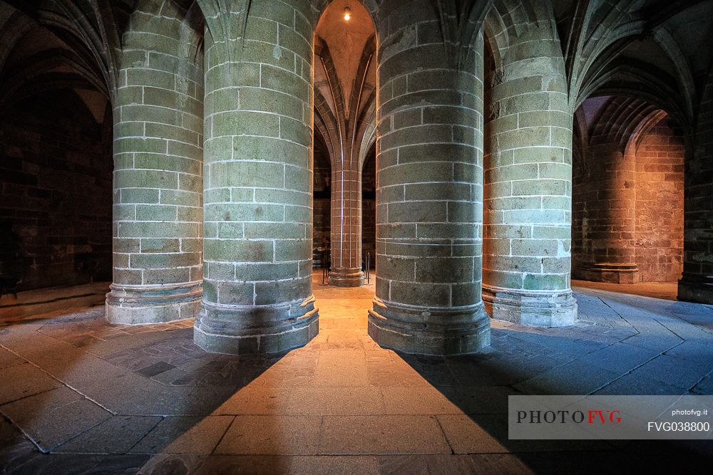 The crypt of the Gros Piliers, Mont Saint Michel, Normandy, France, Europe