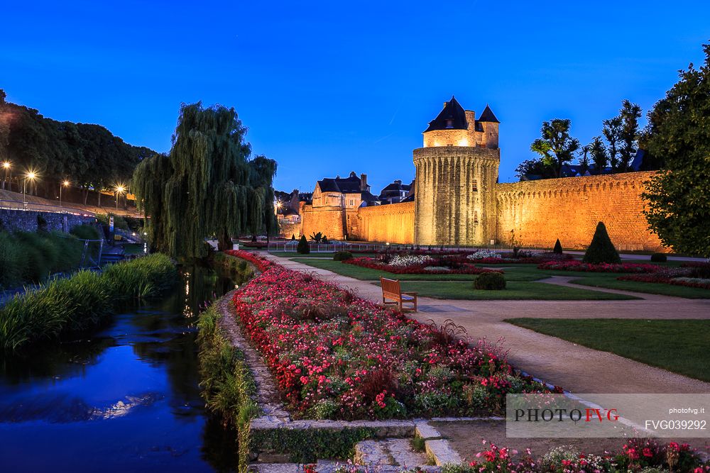 Night view of the famous gardens next to the medieval walls of the city of Vannes, Morbihan, Brittany, France, Europe