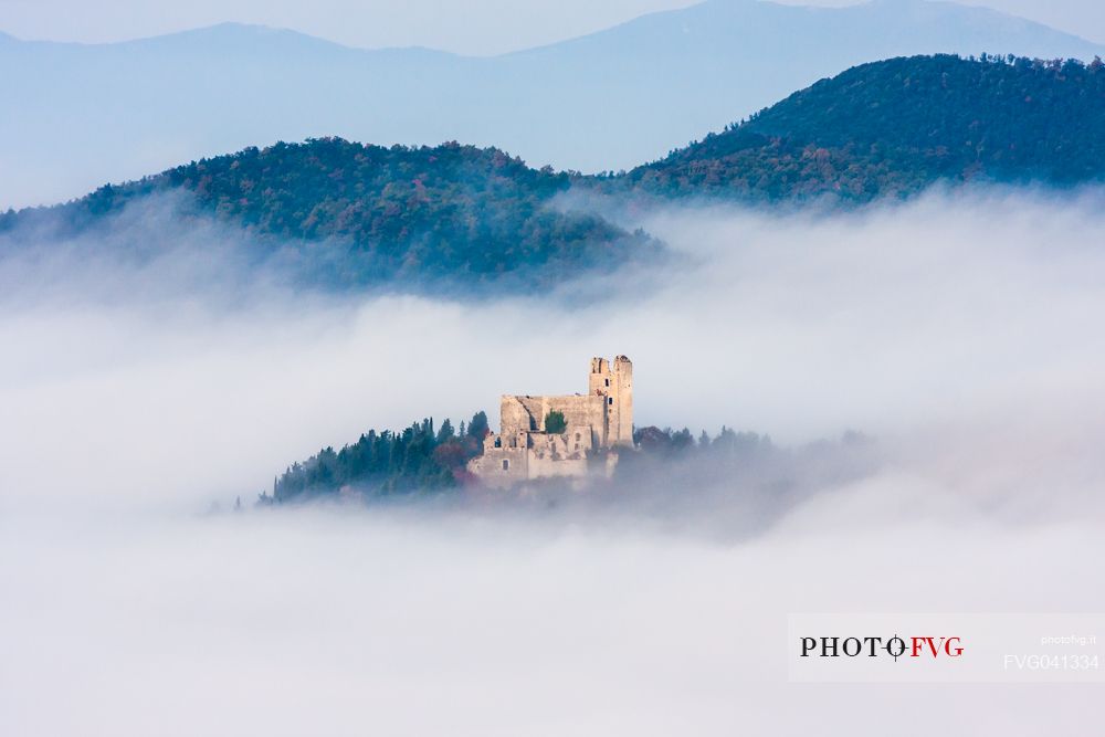 The castle of Piediluco, the fortress Albornoz in the fog, Terni, Umbria, Italy, Europe