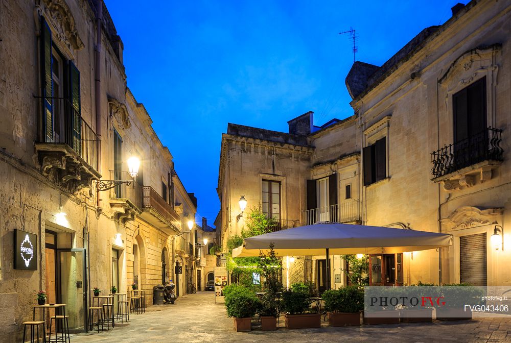 Nightview of streets in the historical center among baroque palaces in Lecce, Salento, Apulia, Italy, Europe