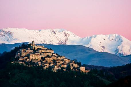 The ancient medieval village of Labro, in  Rieti's province, Lazio. On the background the mount Terminillo, covered by snow.