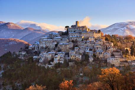 The ancient medieval village of Labro, in  Rieti's province, Lazio. On the background  mountains, covered by snow.