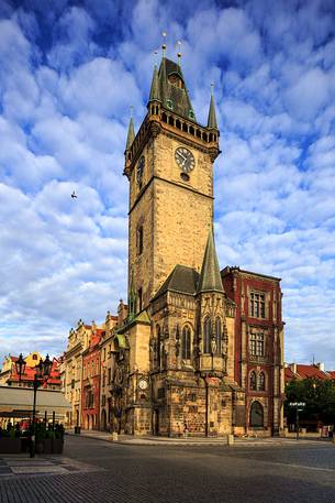 Prague, Star Město: Old Town City Hall Tower with a wonderful cloudy sky