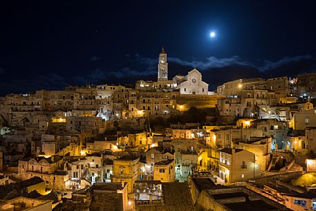 Nightscape of Sasso Barisano with cathedral, Matera, Basilicata, Italy