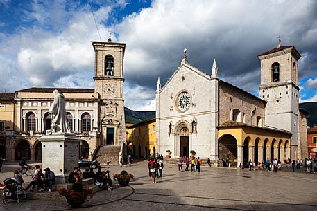 The Basilica of San Benedetto and the Town Hall of Norcia a few months before the earthquake. Umbria, Italy, Europe.