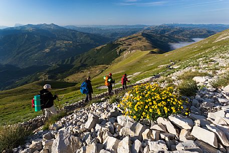 Hikers coming down from Mount Vettore in the Monti Sibillini national park mountains, Castelluccio di Norcia, Umbria, Italy, Europe.