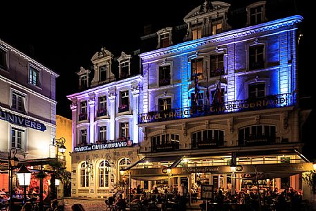 Night image of the old town with elegant hotels and clubs in Saint Malo town, Brittany, France, Europe