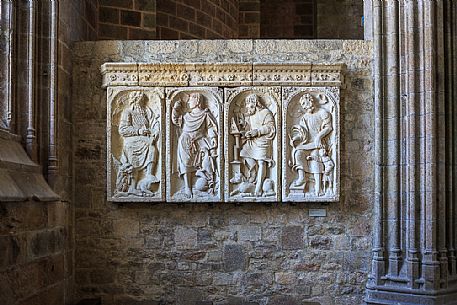 Bas-relief inside the abbey, Mont Saint Michel, Normandy, France. Europe.