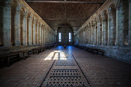 Gothic refectory hall, Mont Saint Michel, Normandy, France, Europe.