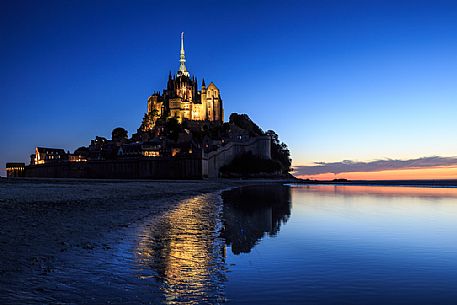 Blue hour, Mont Saint Michel, Normandy, France. Europe