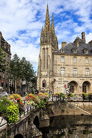 View of the bell tower of Saint Corentin cathedral, Quimper, capital of French Cornwall, Britanny, France, Europe