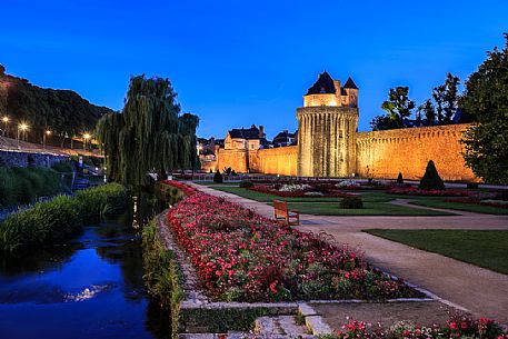 Night view of the famous gardens next to the medieval walls of the city of Vannes, Morbihan, Brittany, France, Europe