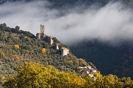 The ruins of the fortifications of the medieval village of Ferentillo in Valnerina, Umbria, Italy, Europe