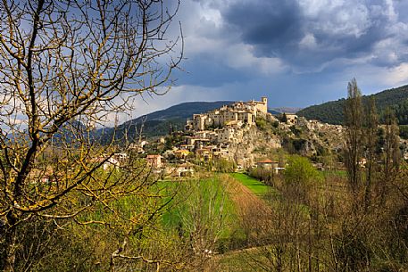 Castelldilago village in spring, a medieval village surrounded by green fields