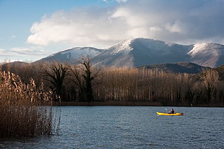A paddle canoe on the Piediluco lake, Umbria, Italy, Europe