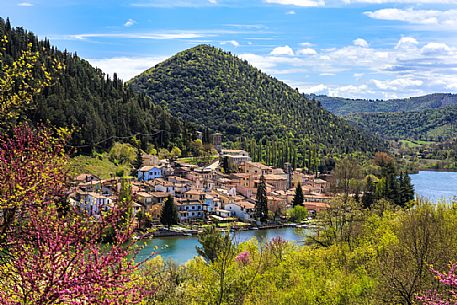 The lake and the village of Piediluco with the colors of spring, Umbria, Italy, Europe