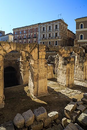 The Roman amphitheater is a Romanesque monument located in the central Sant'Oronzo square, Lecce, Salento, Apulia, Italy, Europe