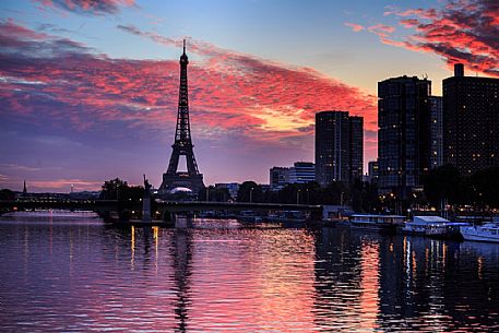 The Eiffel tower and the Seine just before dawn, Paris, France, Europe