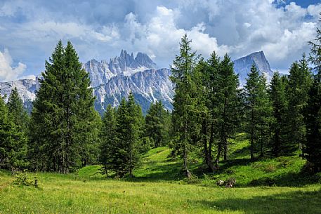 Croda da Lago and Lastoni di Formin peaks from the Cinque Torri mount, Cortina d'Ampezzo, dolomites, Veneto, Italy, Europe