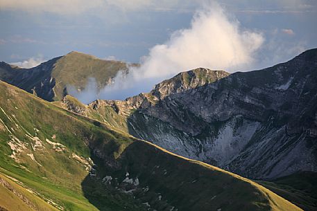 Wild landscape from the top of Pizzo Tre Vescovi peak, Sibillini national park, Ussita, Marche, Italy, Europe