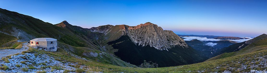 Night view of the Fargno pass with the refuge, and the Mount Bove in the background, Sibillini national park, Ussita, Marche, Italy, Europe