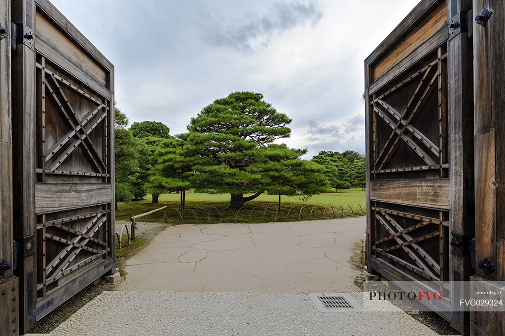 View to  Honmaru garden from a wide door inside Nijo Castle, one of the most well known sights in Kyoto, Japan
