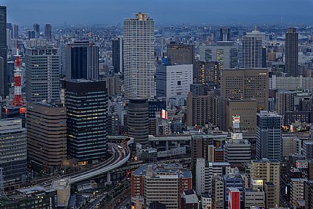 Modern architectures from Umeda Sky Building in Osaka at blue hour, Japan
