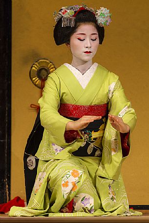 Kyo-mai  is an elegant and dazzling dance performed by maiko and geiko dancers in wonderful ornate dress. Kyo-mai performances by mayko can be enjoyed at Gion Corner theater, Kyoto, Japan