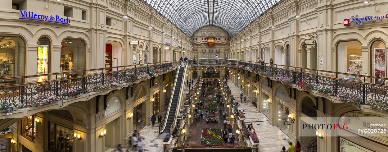 A panoramic view inside the GUM, the big department store of the Red Square, Moscow, Russia