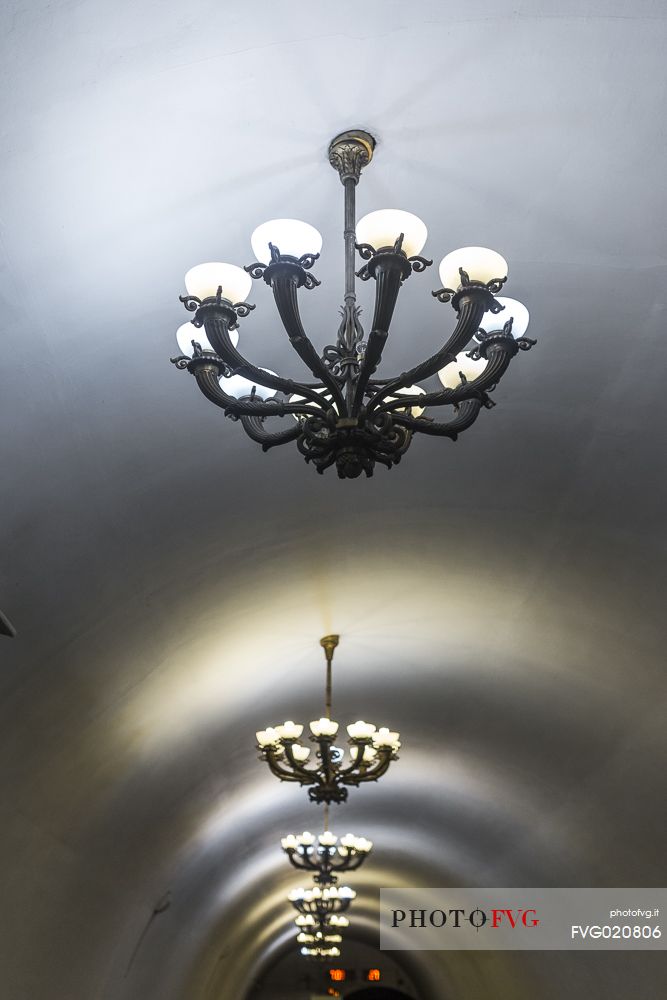 Some chandeliers inside one of the station of the famous metro of Moscow, Russia