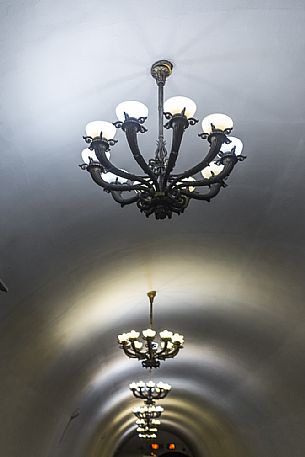 Some chandeliers inside one of the station of the famous metro of Moscow, Russia