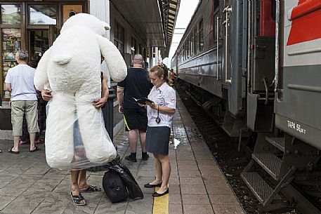 Provodnitsa woman, the carriage attendant who checks every passenger's ticket, Novosibirsk, Russia