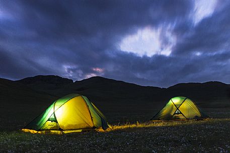 Starry night over the tends in the mongolian steppe, Mongolia