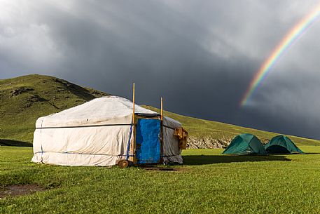 Rainbow above traditinal mongolian tent, ger, Mongolia