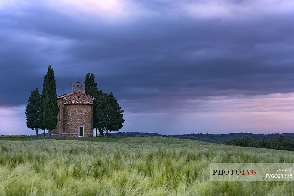 Twilight over Cappella di Vitaleta in Orcia Valley, Tuscany, Italy