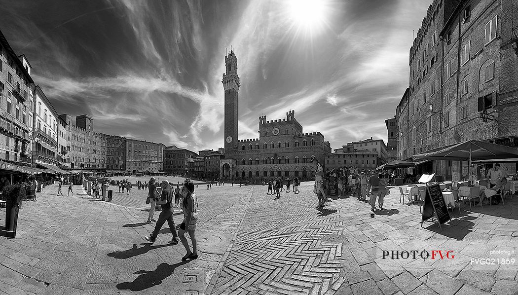 Piazza del Campo square and Torre del Mangia tower in the background, Siena, Tuscany, Italy