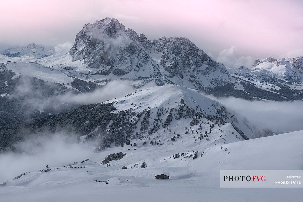 Winter landscape of Gardena valley, South Tyrol, Italy