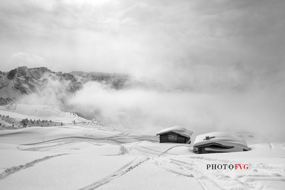 Winter view in val Gardena valley, dolomites, Italy