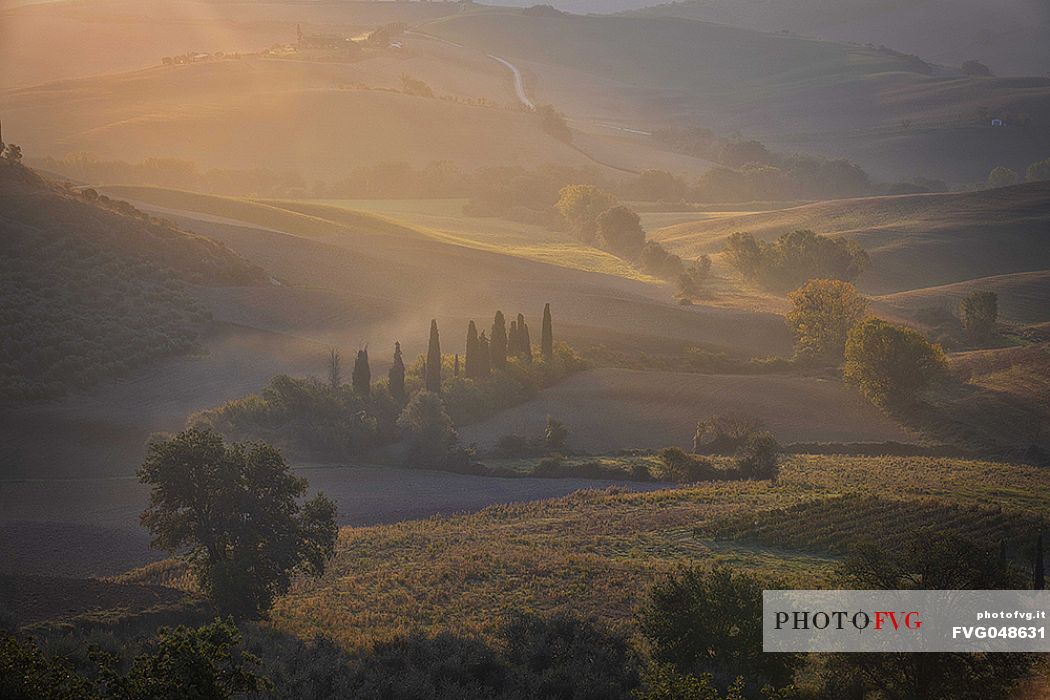 The Belvedere farm, Podere Belvedere in the fog at sunrise, San Quirico d'Orcia, Orcia valley, Tuscany, Italy, Europe